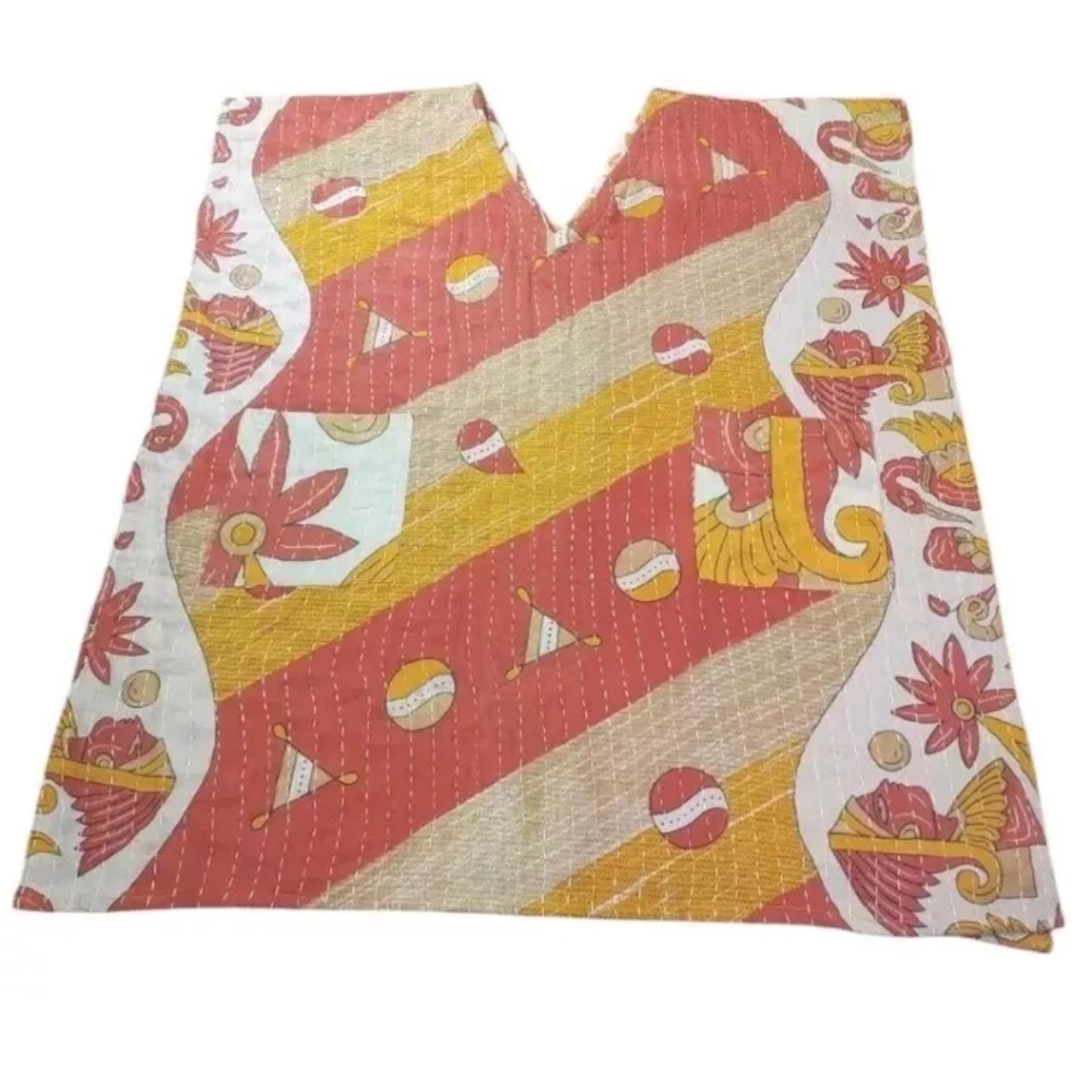 Kantha Patchwork Kimono V-neck Poncho Top Colorful Patch Pockets Woman One Sz #G